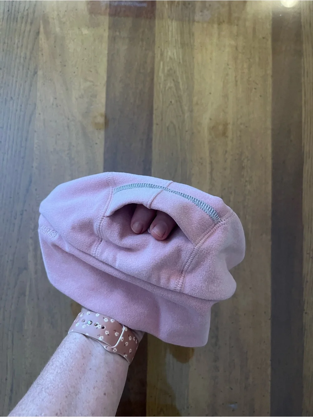 Pink fleece winter hat with ear covers